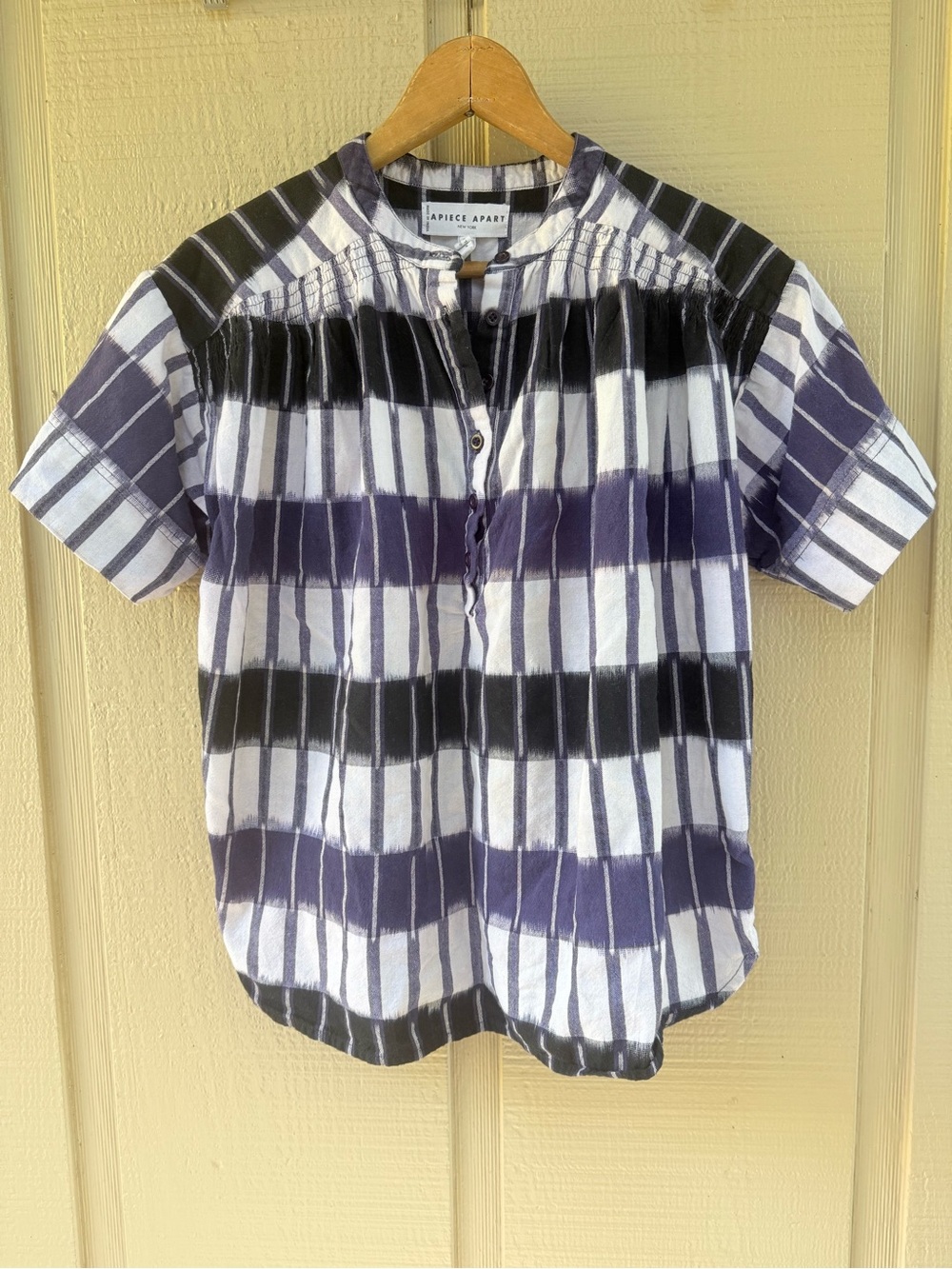 Apiece Apart Shirred Ikat Pattern Indian 100% Cotton Blouse Top Indigo Purple XS